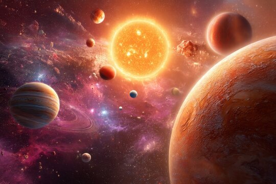 Dramatic cosmic scene of planets orbiting a bright star in a colorful nebula outer space digital art illustration