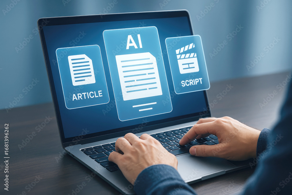 Poster person using laptop with ai content creation interface showing article script and clapperboard icons