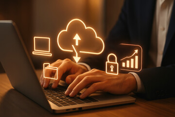 Person using a laptop with glowing orange cloud icons for data upload, download, and analytics cloud computing