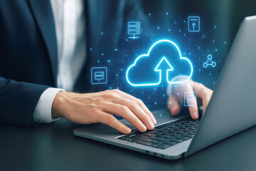Person using laptop with cloud computing upload icon and network connections data transfer