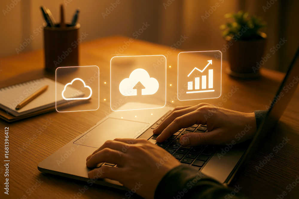 Poster person's hands typing on a laptop with glowing cloud and data icons floating above the keyboard comp