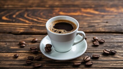 Fototapeta premium Top-down view of a white coffee mug on a wooden surface