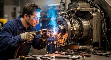 A man in a blue jumpsuit and safety glasses is welding a metal component in a workshop setting.