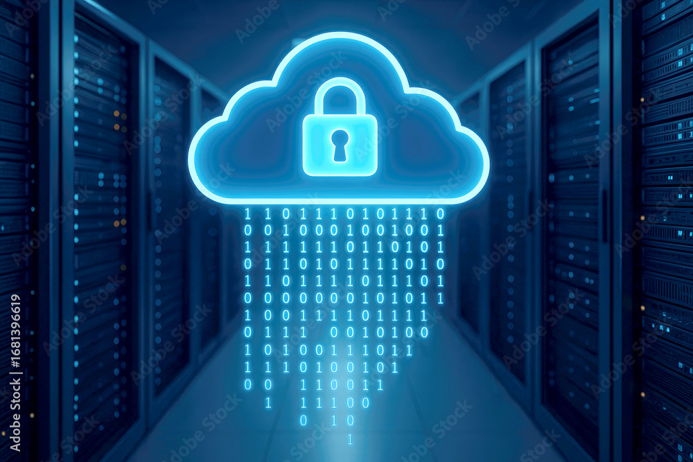 Poster secure cloud computing with padlock symbol and binary code in data center security technology