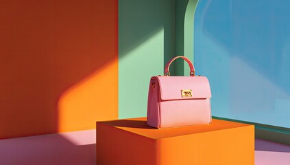 Pink handbag on a display, vibrant colors