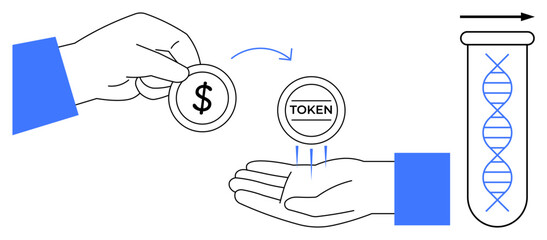 Hand exchanging dollar for token with arrow leading to test tube containing DNA strand. Ideal for investment, blockchain, genetics, science, technology, funding, innovation. Simple flat metaphor