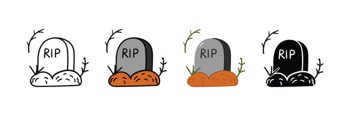 Set of Hand drawn halloween grave element icon in outline, filled, solid and flat style.vector illustration design