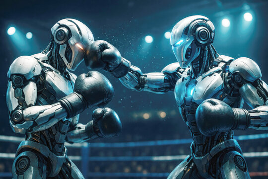 Two advanced robots engaged in a boxing match with glowing blue eyes and black gloves fight ring