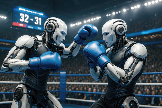 Two advanced robots in boxing gear fighting in a brightly lit arena with a scoreboard competition sports - Powered by Adobe