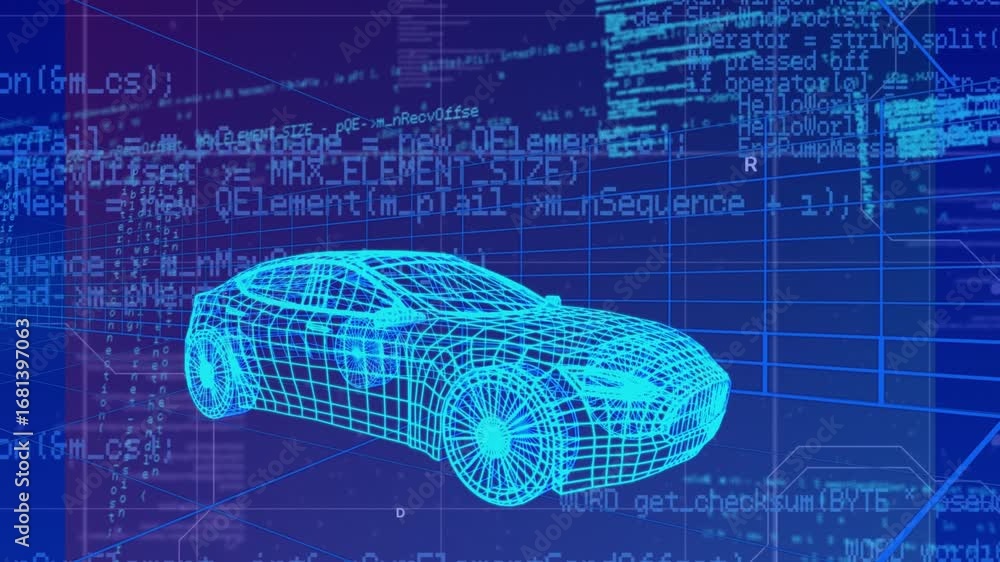 Poster animation of digital car over data processing on blue background