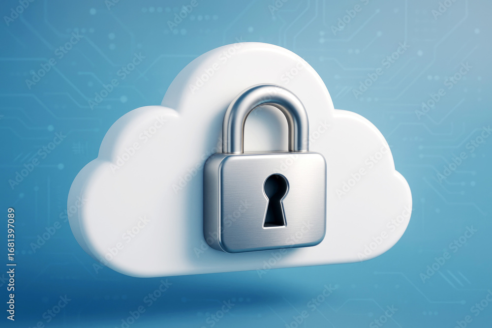 Poster white cloud icon with a silver padlock symbolizing cloud data security cloud computing data protecti