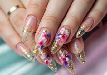 Close-Up of Stiletto Nails with Pink 3D Flower Nail Art and Glitter