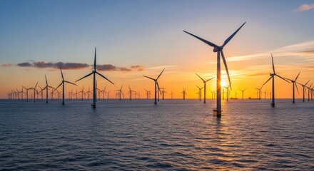 Offshore wind farm with multiple turbines at sunset, generating clean energy.