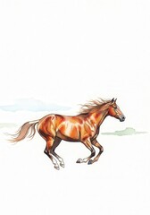 Fototapeta premium A watercolor illustration of a galloping horse with a flowing mane and tail, set against a minimalist landscape