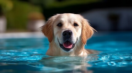 A cheerful golden retriever dog swimming and playing in a bright blue pool, with a joyful expression on its wet face