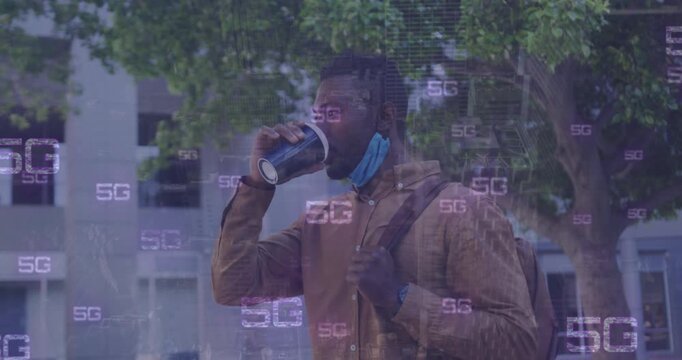 Animation of digital 5g over african american young man with backpack drinking coffee in city