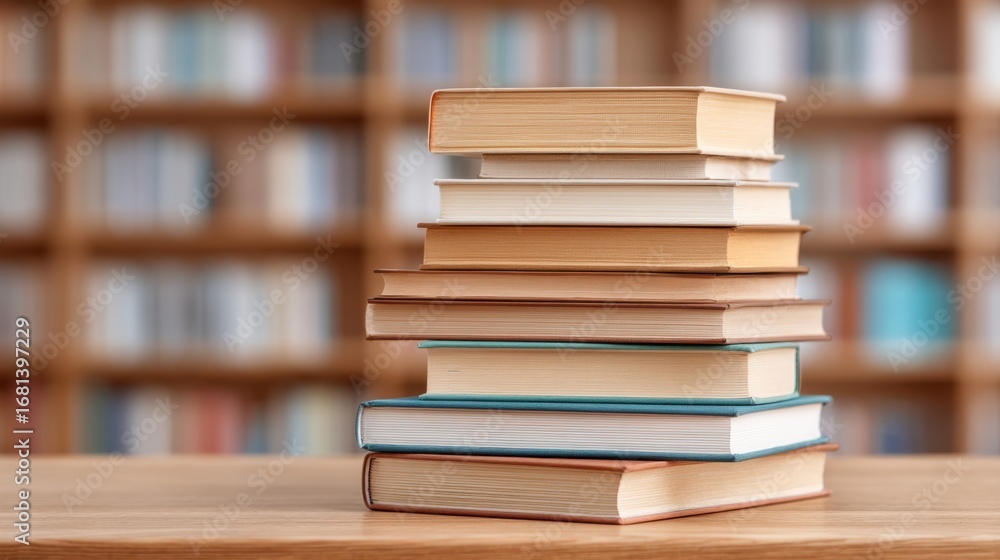 Poster stacks of colorful hardback books in a library setting with blurred bookshelves in background creati