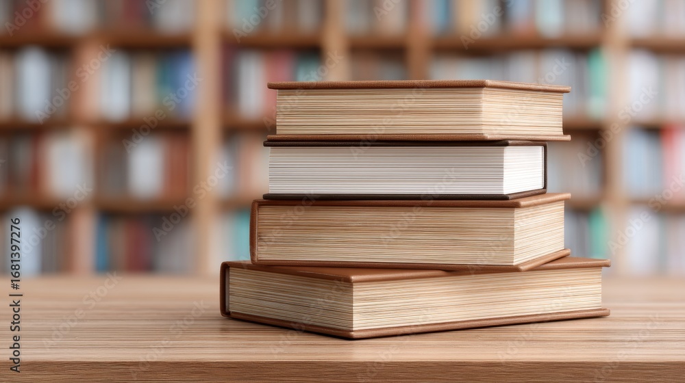 Poster stack of vintage books with wooden binding on a wooden table in a cozy library setting with blurred 