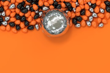flyer pour soirée disco avec boule à facettes et ballons oranges pour halloween - fond gris foncé - rendu 3D