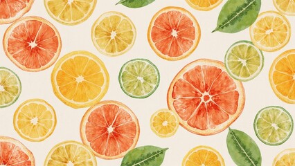 Classic watercolor design with seamless tropical citrus fruit slices - lemon, orange, lime, grapefruit