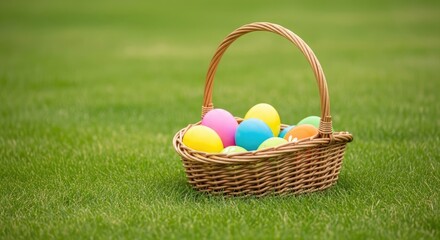 A basket of colorful Easter eggs on a green grassy field.