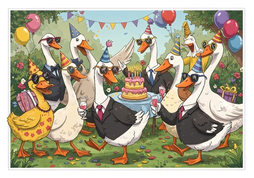 Cartoon geese celebrating a birthday party with cake, balloons, party hats, and gifts in a garden setting. - Powered by Adobe