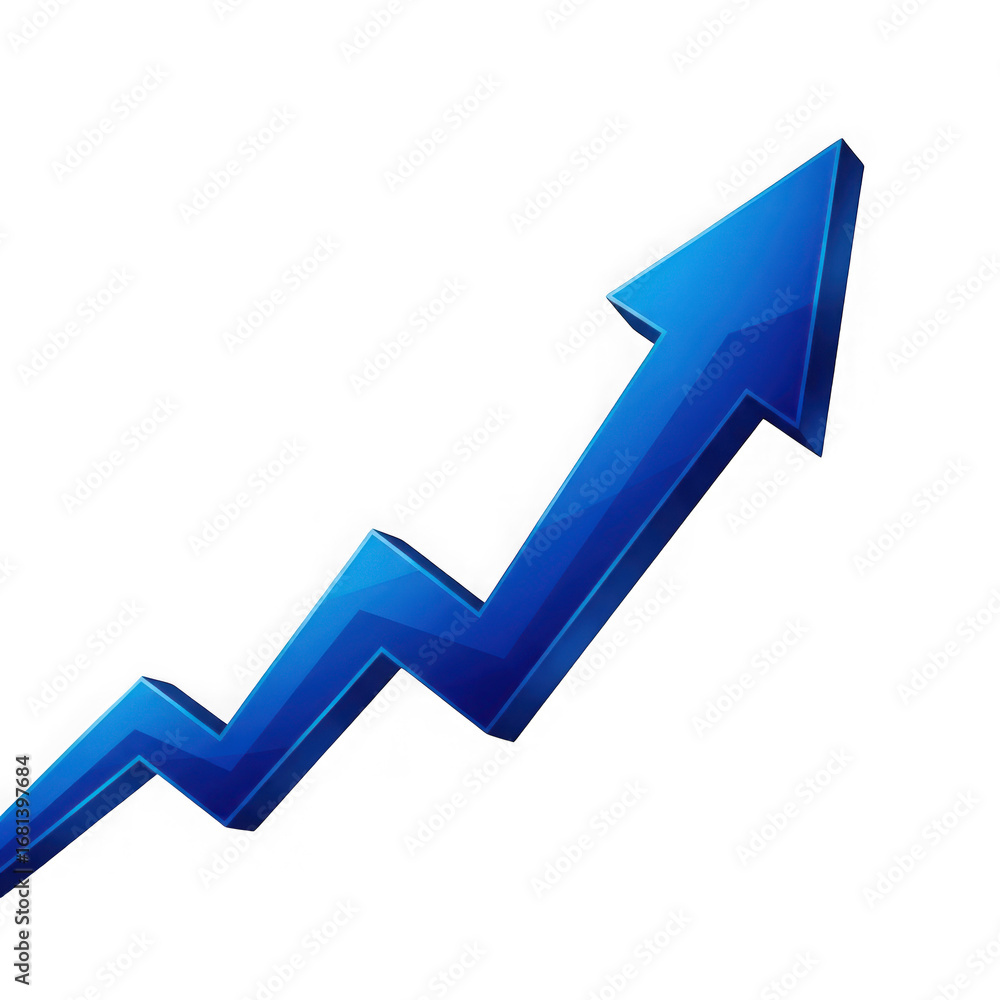 Poster blue arrow with zigzag pattern curving upwards on a black background curve isolated on a transparent