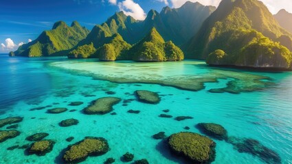 Obraz premium Lush green islands and crystal-clear turquoise waters form a breathtaking tropical retreat renowned for its natural beauty and vibrant aquatic life