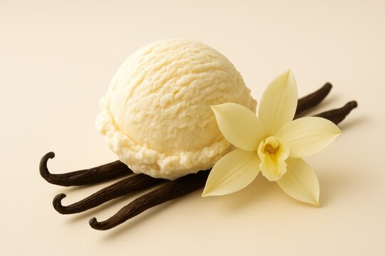 A delightful summer dessert featuring vanilla pods, floral accents, and a generous serving of rich, smooth ice cream