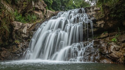 Natural waterfall scene with rocks and thriving plants