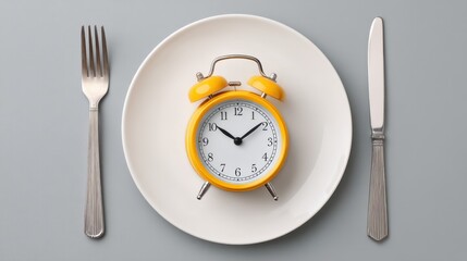 Vintage Yellow Alarm Clock on White Plate Surrounded by Fork and Knife Indicates Breakfast Time and Signifies Importance of Punctuality in Daily Routine