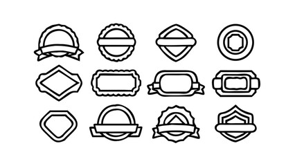 Illustration of twelve outlined badge designs with various shapes and ribbon banners on a white background