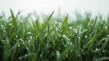 Obraz premium Close-up of dew on vibrant grass and leaves showcasing nature