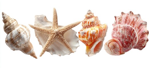 Obraz premium Assorted seashells and starfish against a white background