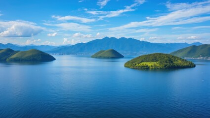 Obraz premium Panoramic view of a freshwater lake featuring an island and surrounding landscape