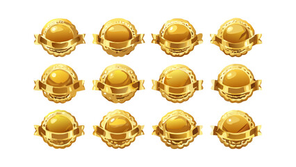 Collection of twelve golden badge icons with ribbon banners arranged on a white background evenly spaced