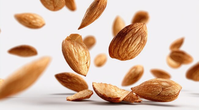 Almonds in motion against a white background.  Many whole and broken almonds are suspended in mid-air, with some landing on a light surface - Powered by Adobe
