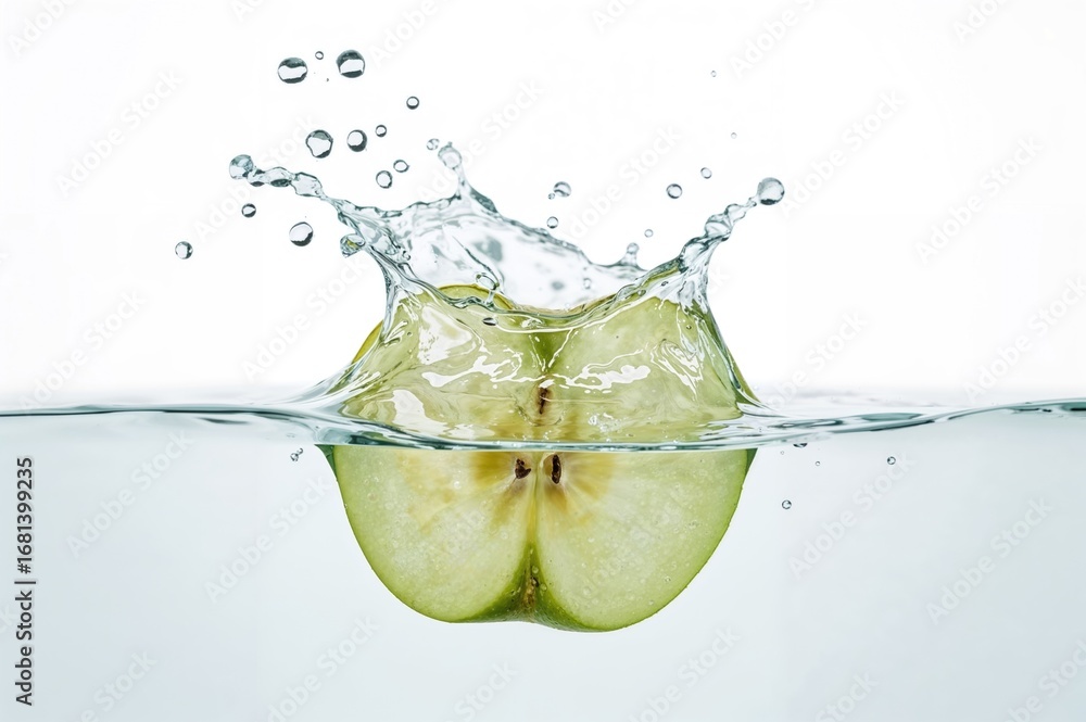 Poster liquid splashing over whole and sliced apple with visible seed on surface
