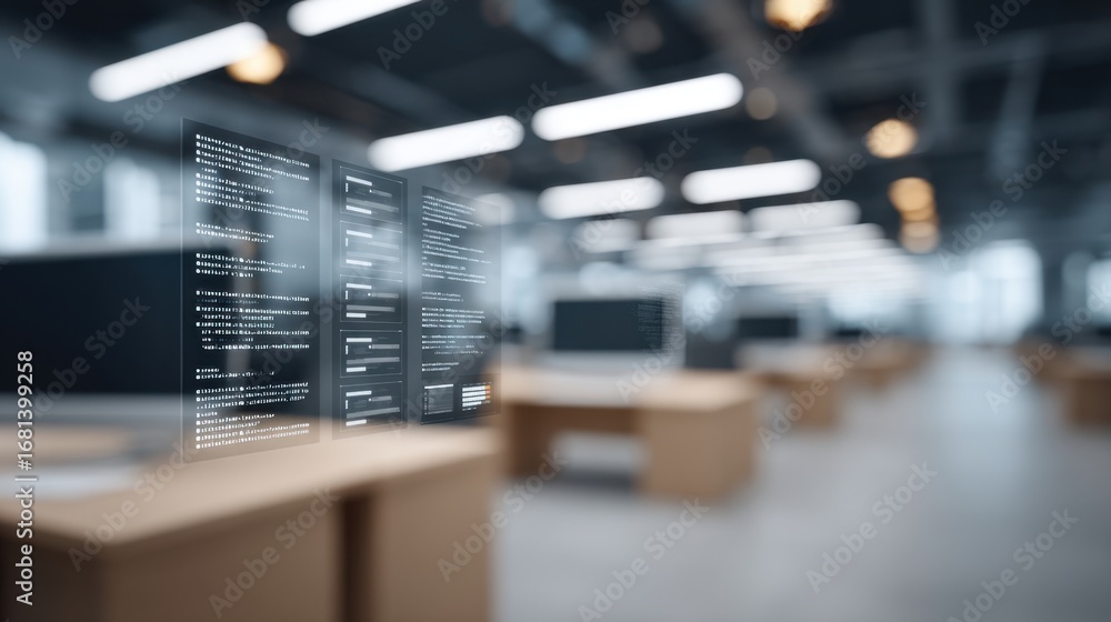 Poster modern digital workspace with transparent display screens showing data and code in a bright office e