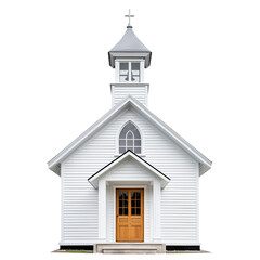 Obraz premium Small white church building with wooden door and steeple