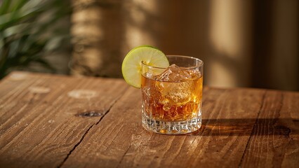 Tall glass filled with a whisky and apple juice mix on a rustic wooden surface