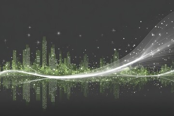 Abstract cityscape at night, featuring a skyline of green buildings reflected in water.  Soft white lines and glittering particles flow around and above the buildings