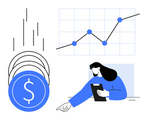 Woman analyzing graphs and coins, indicating financial trends and business growth. Ideal for finance, banking, investment, analytics, economics, marketing, simple landing page