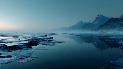 Fototapeta premium Icy lake reflects mountains under a cool blue sky with fog.