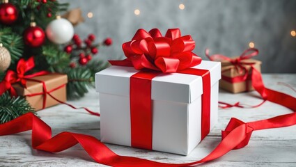 White box decorated with a red ribbon and bow