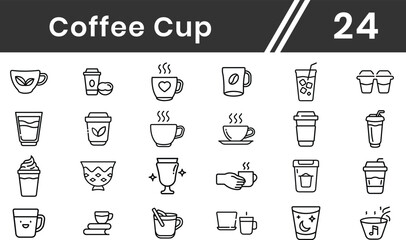 Naklejka premium Coffee cup line icon set for web. Including in the set Containing coffee, paper, drink, cup, disposable, mug, container, and More. editable stroke. vector illustration
