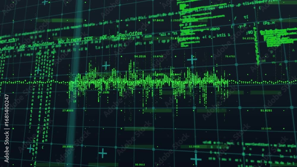 Leinwandbilder animation of digital infographic interface with loopable programming code over grid pattern