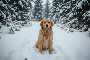 Charming female golden retriever resting amidst snow-laden pine trees during a peaceful winter walk, intently observing her companion
