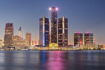Detroit, Michigan, USA skyline at dawn on the Detroit River