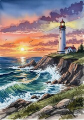 Fototapeta premium A watercolor painting depicts a lighthouse atop a cliff. The sun sets over the ocean, with birds in the sky. Lush waves crash